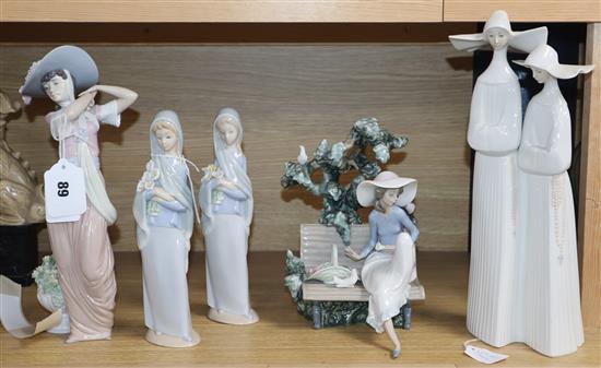 Lladro figurines: nuns, seated girl on a bench with basket and doves and flower girl (5)